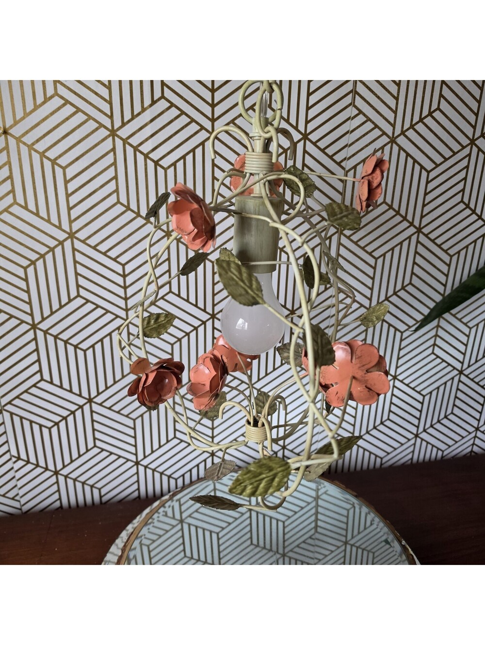 Vintage Metal Floral Tole Hanging Chandelier Swag w Chained Cord Cottage Core